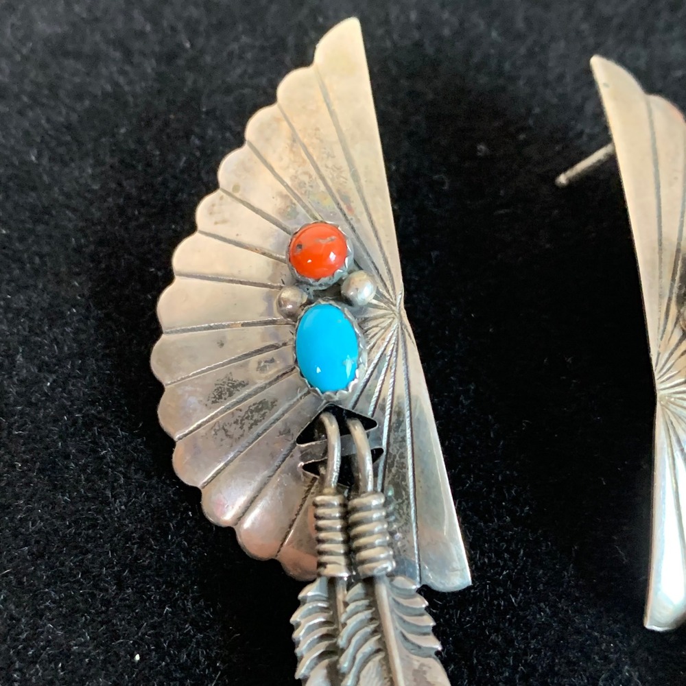 Vintage Sterling Silver Turquoise Coral Fan Feather Dangle Post Earrings - Picture 2 of 6